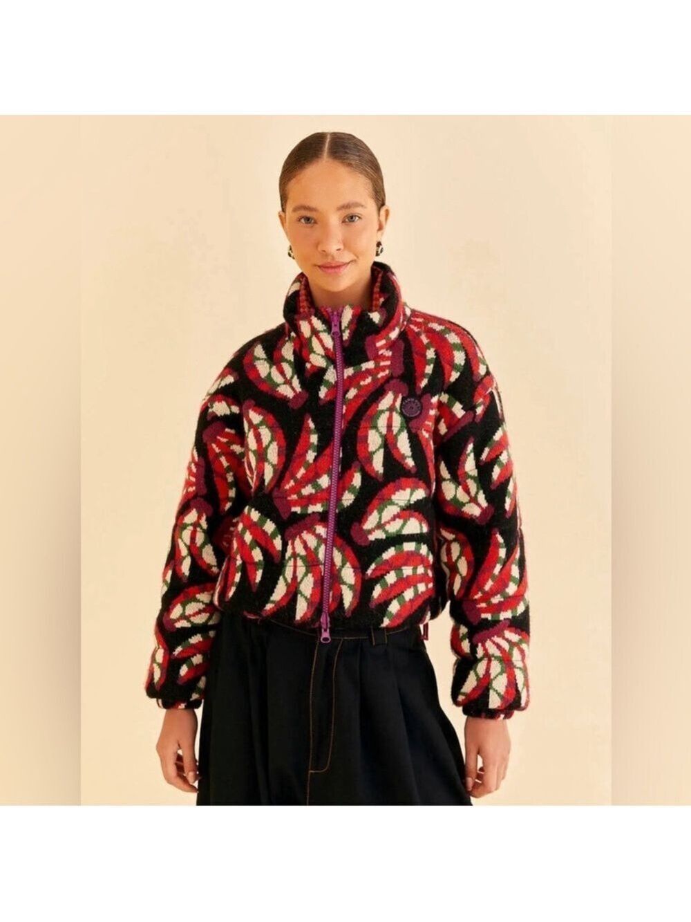 Farm Rio Black Banana Dots Tricot Reversible Puffer Jacket